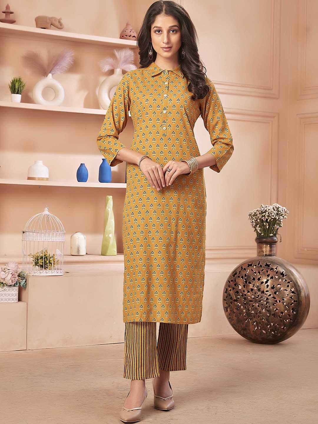 

Anubhutee Ethnic Motifs Printed Shirt Collar Pure Cotton Kurta with Trousers, Mustard