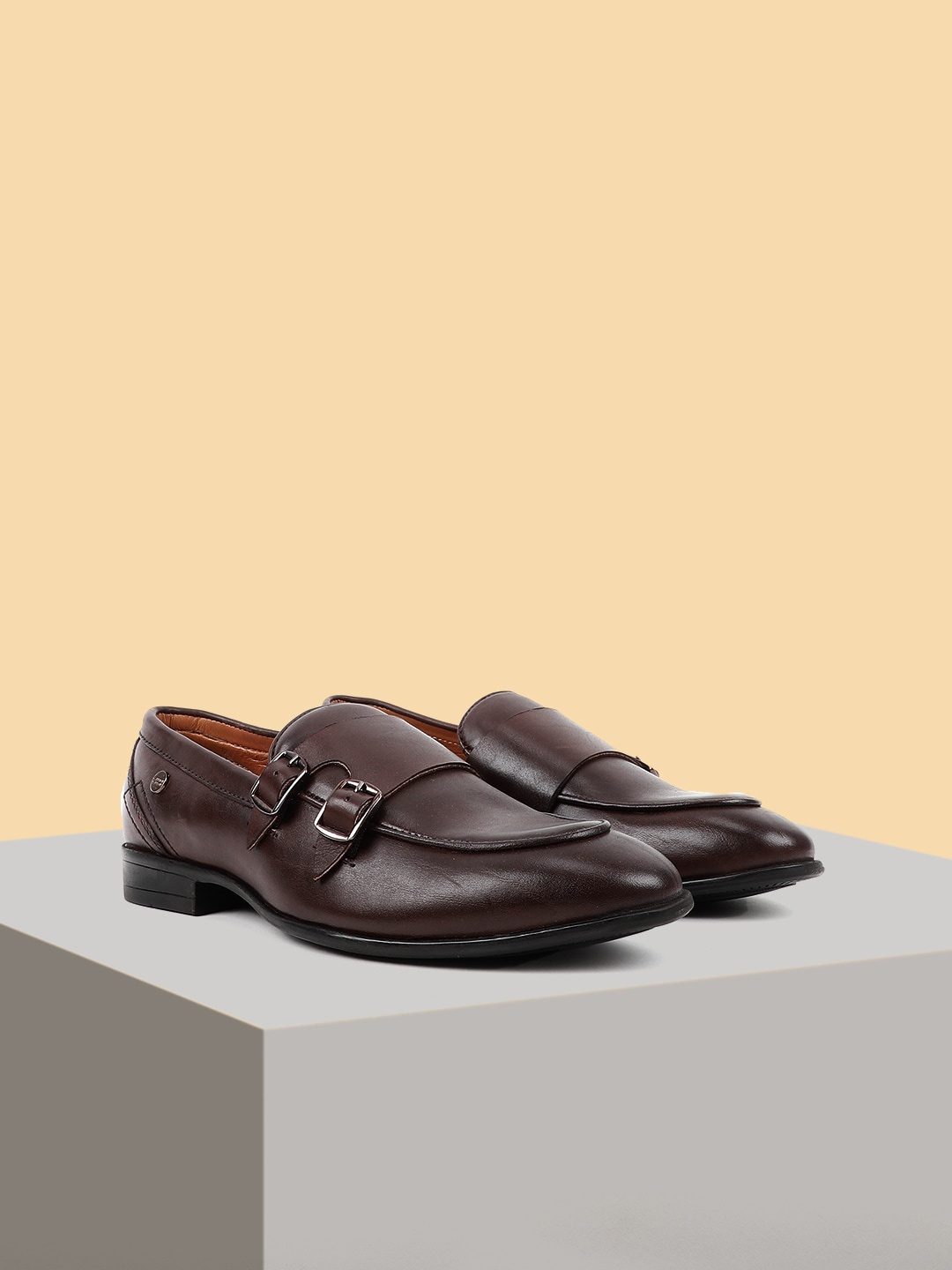 

Carlton London Men Leather Formal Monk Shoes, Coffee brown