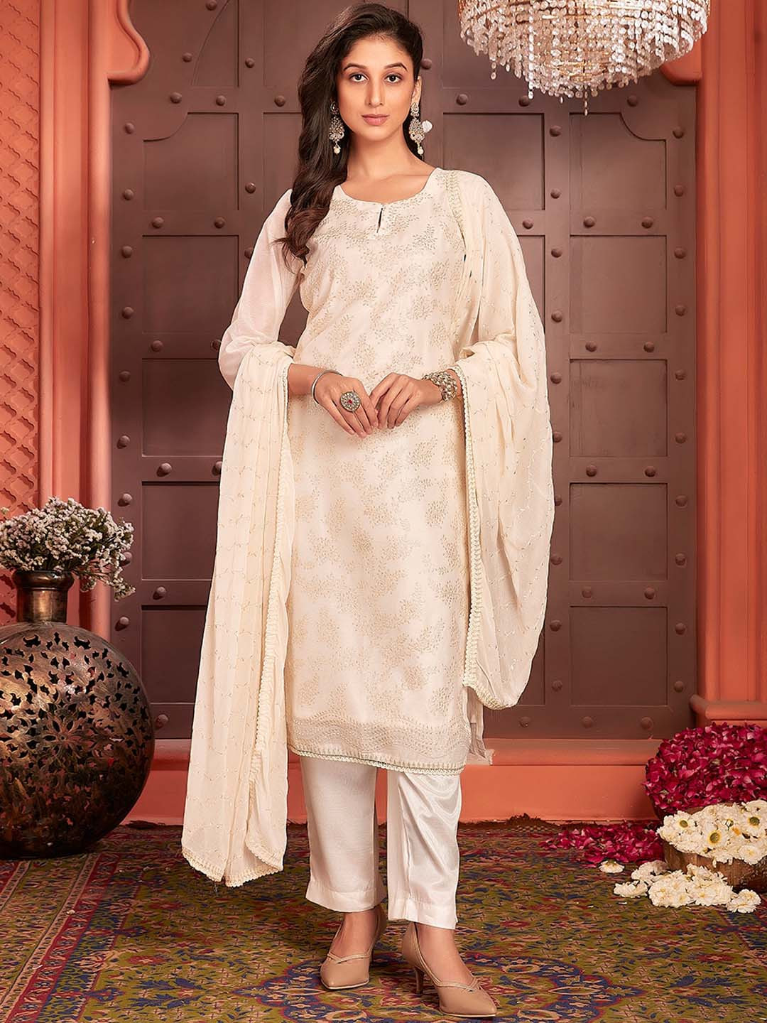 

Ishin Floral Regular Gotta Patti Kurta With Trousers & Dupatta, Off white