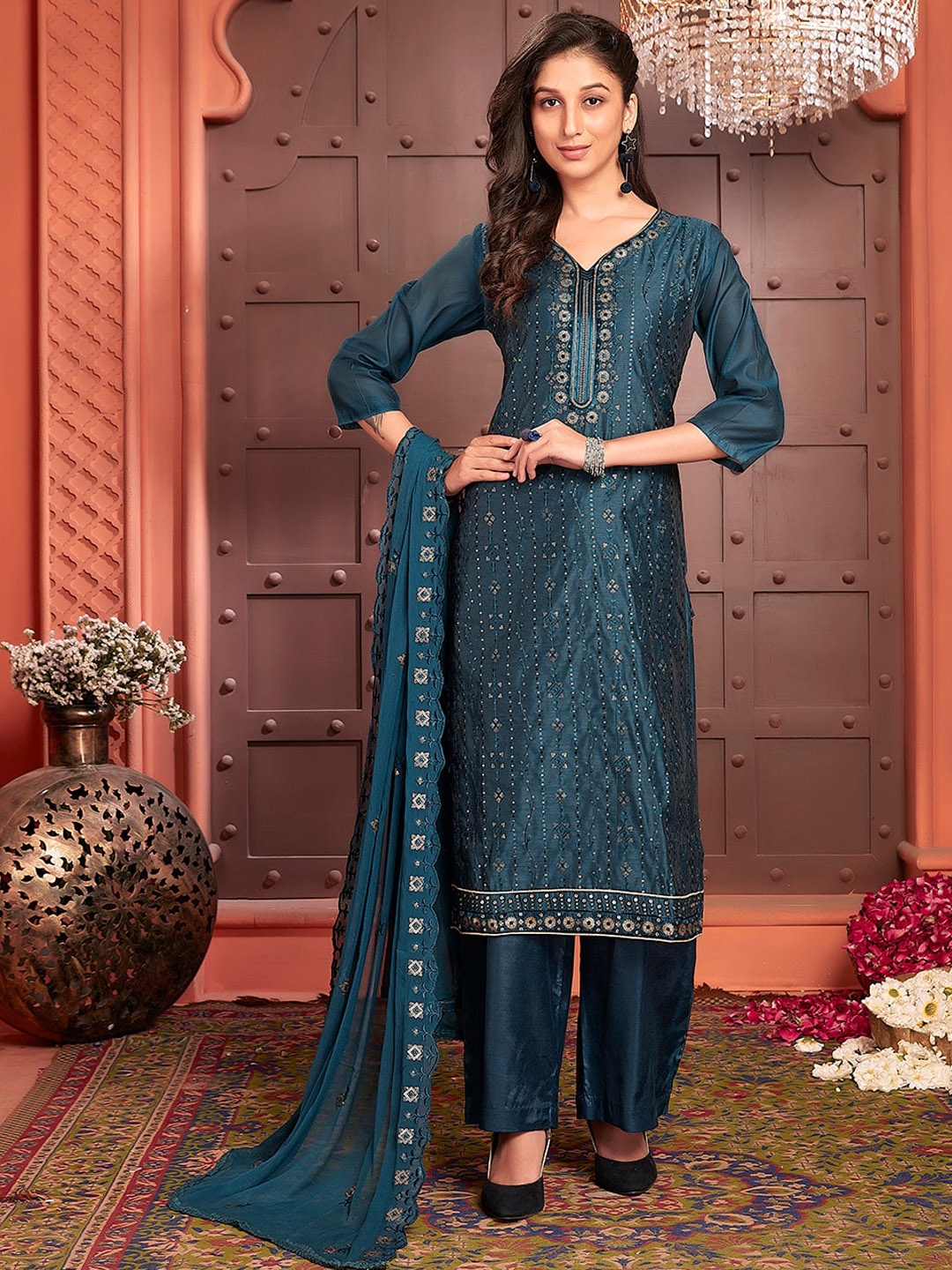 

Ishin Ethnic Motifs Embroidered Regular Sequinned Kurta & Palazzos With Dupatta, Teal