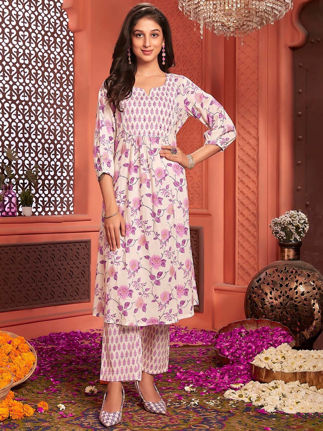 

Ishin Floral Print Mirror Work Pure Cotton Notched Neck Kurta with Trouser, Off white
