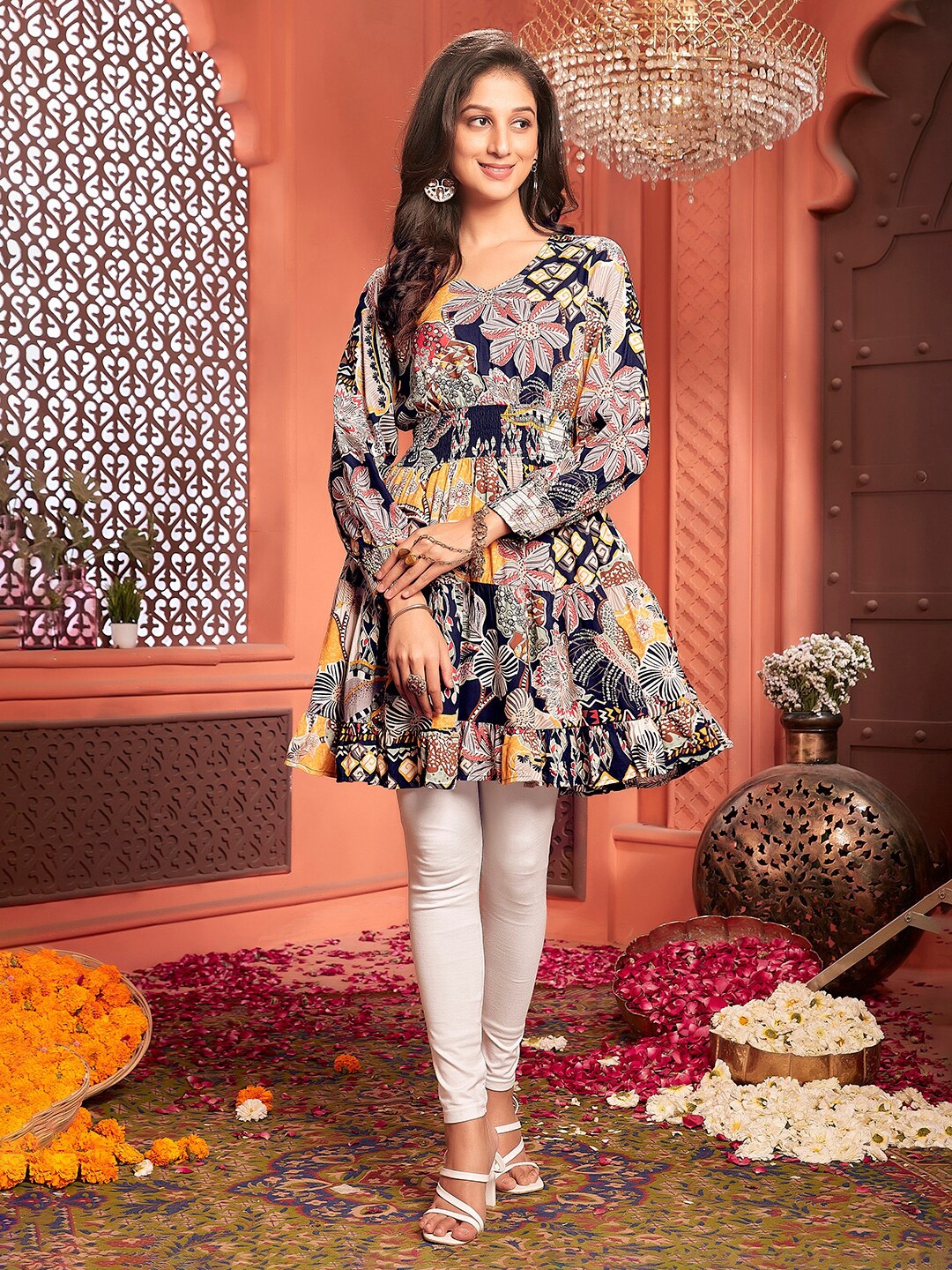 

Ishin Floral Printed Cuffed Sleeves Pure Cotton Smocked Fit & Flare Dress, Navy blue