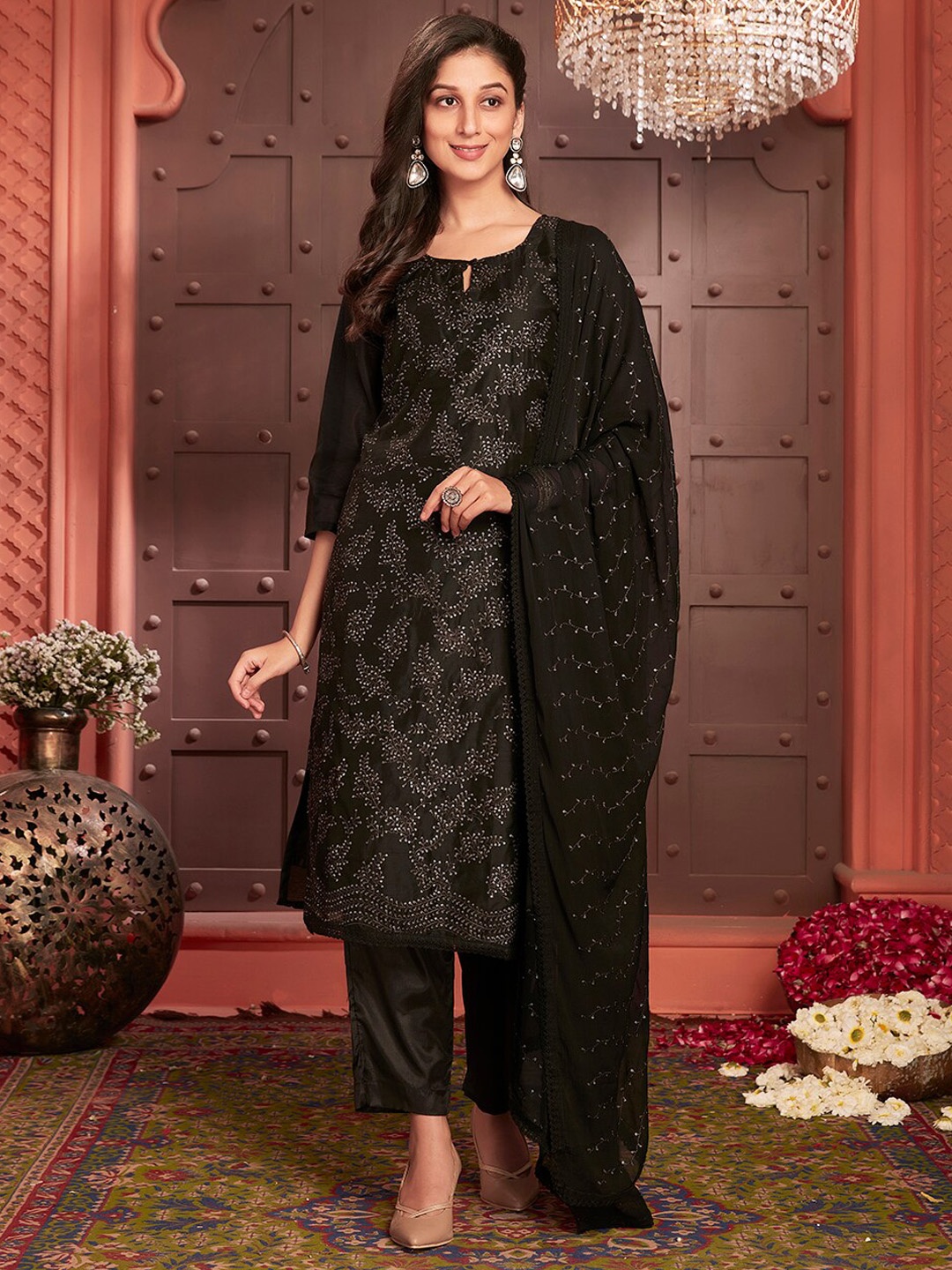 

Ishin Floral Embroidered Sequinned Keyhole Neck Straight Kurta With Trousers & Dupatta, Black