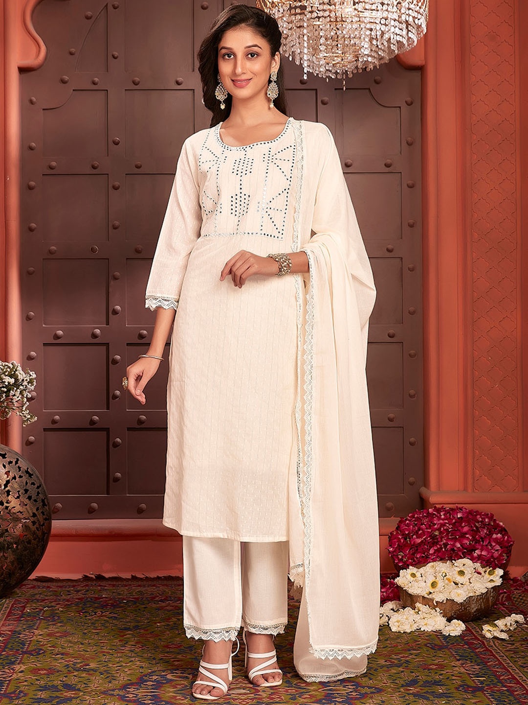 

Ishin Striped Mirror Work Detail Straight Kurta With Trousers & Dupatta, Off white