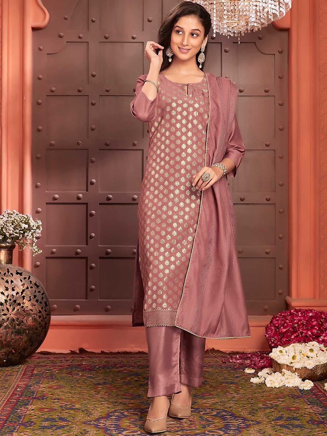 

Ishin Ethnic Motifs Woven Design Zari Keyhole Neck Straight Kurta With Trousers & Dupatta, Mauve