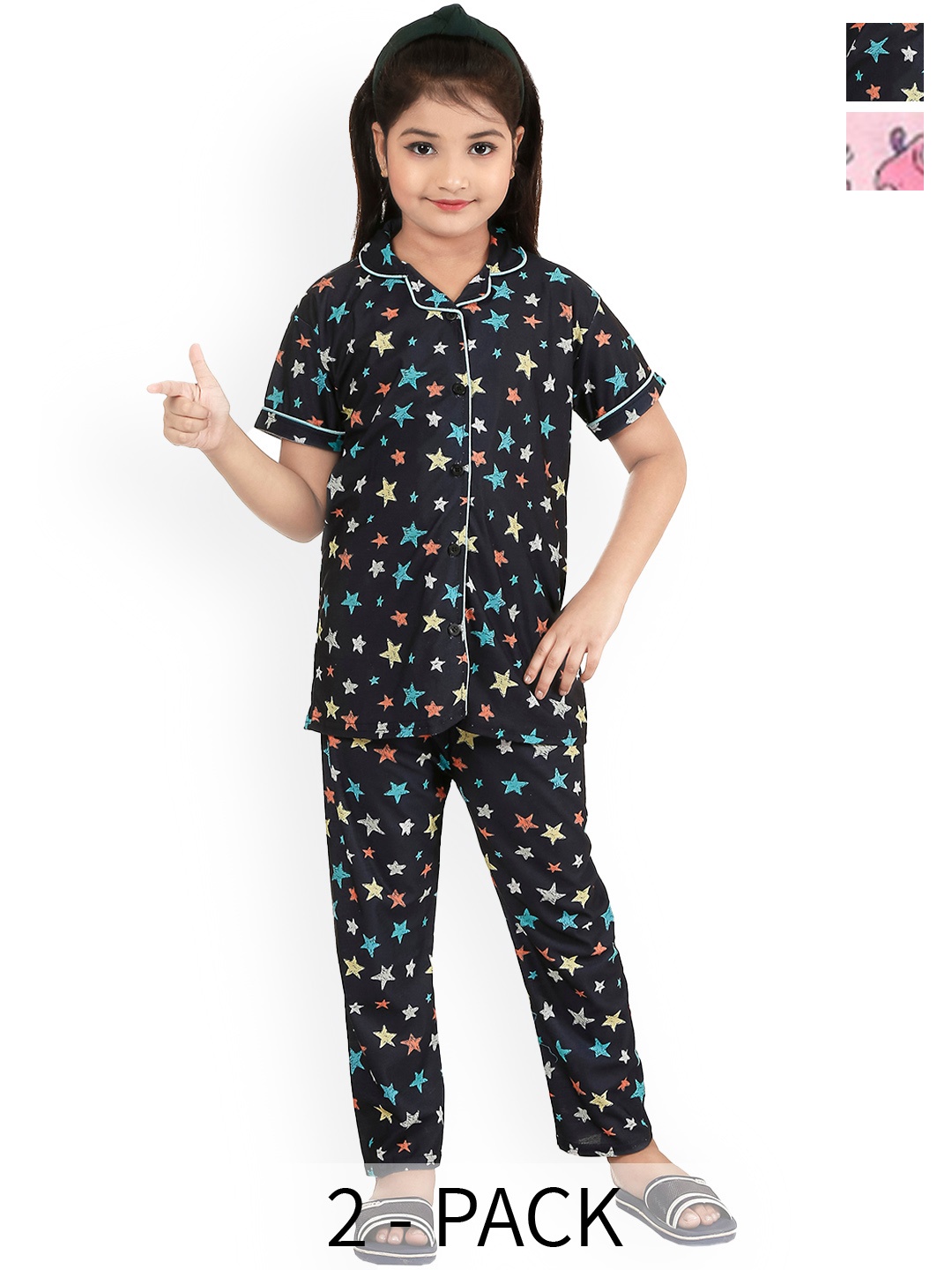 

BAESD Girls Pack Of 2 Conversational Printed Night suit, Pink