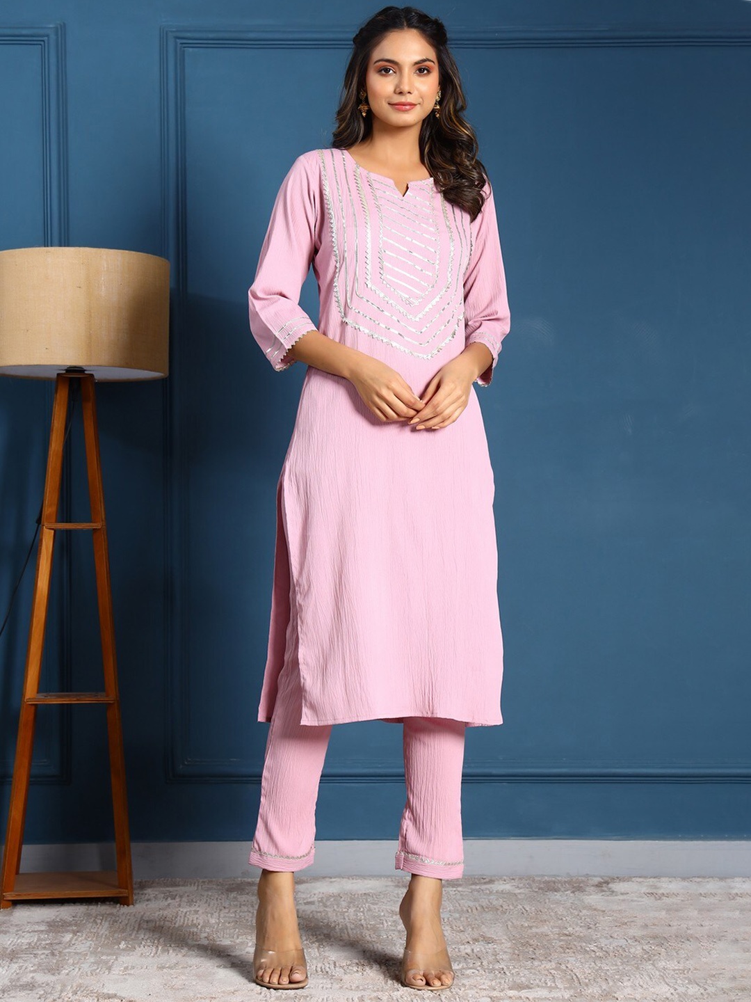

LABEL FLAVIA Yoke Design Pure Cotton Straight Kurta With Trouser, Pink