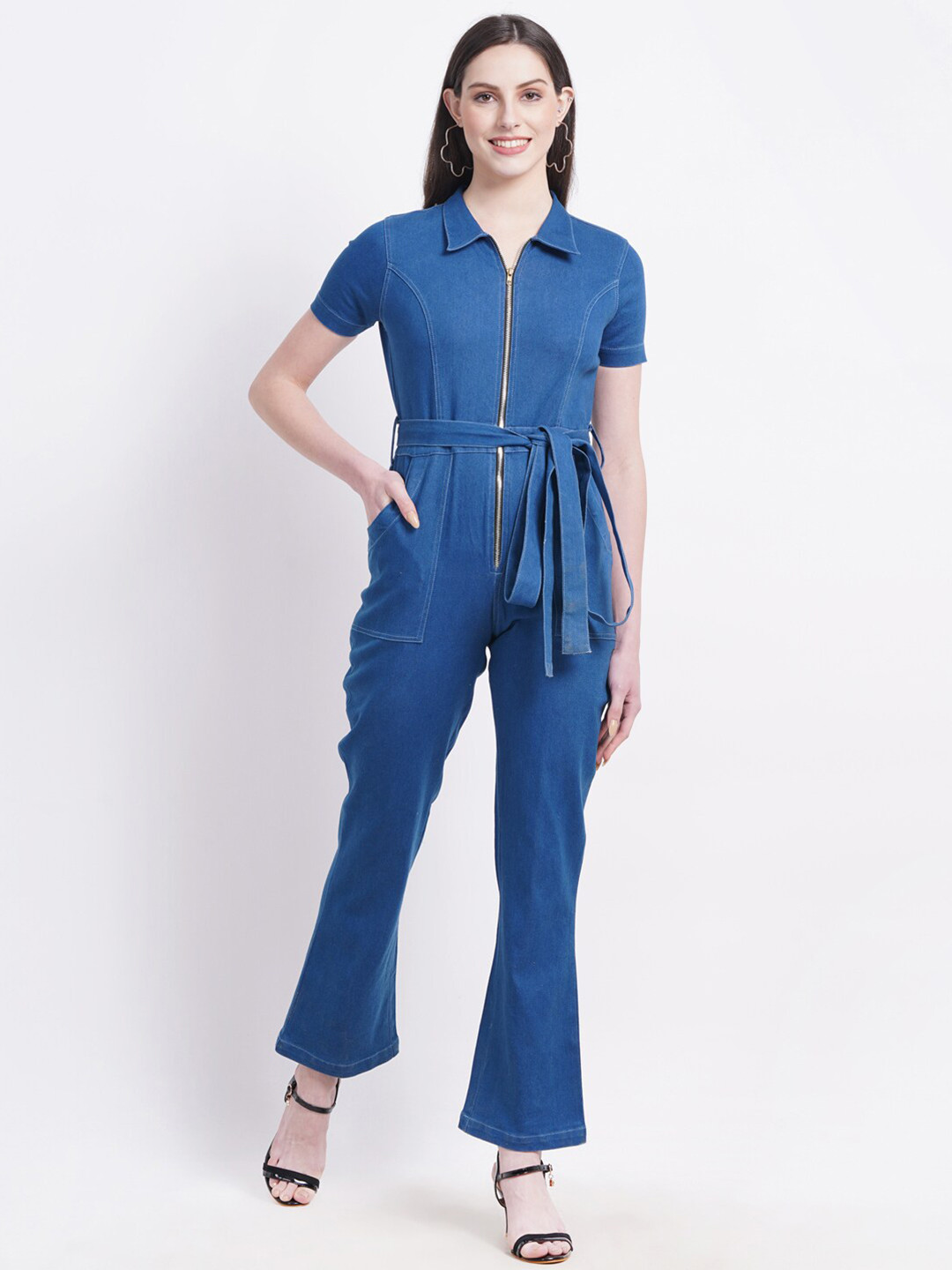 

SUMAVI-FASHION Shirt Collar Organic Cotton Waist Tie-Ups Basic Jumpsuit, Blue