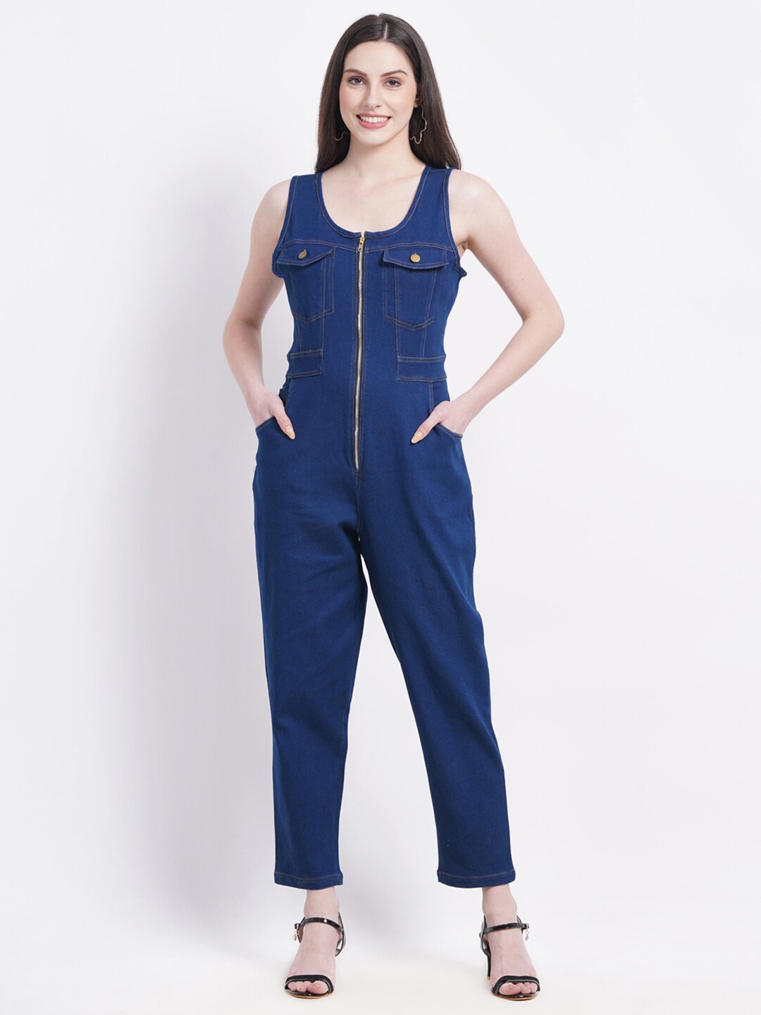 

SUMAVI-FASHION Shoulder Strap Organic Cotton Basic Jumpsuit, Blue