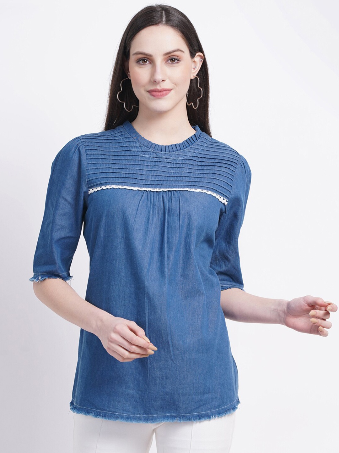 

SUMAVI-FASHION Pleated Organic Cotton Round Neck Denim Top, Blue