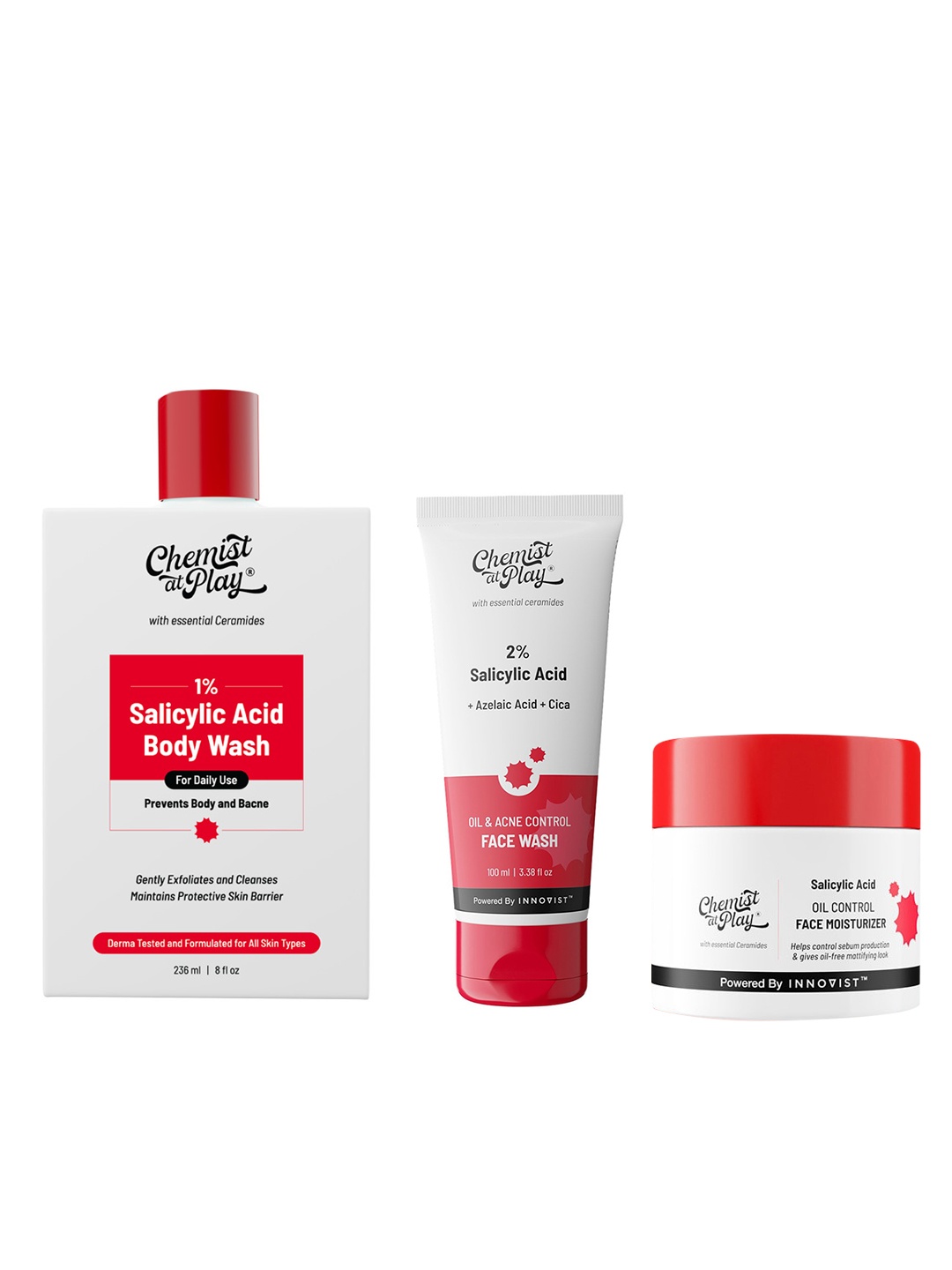 

Chemist at Play Salicylic Acid Body Wash 236ml + Face Wash 100ml + Face Moisturizer 50g, Red