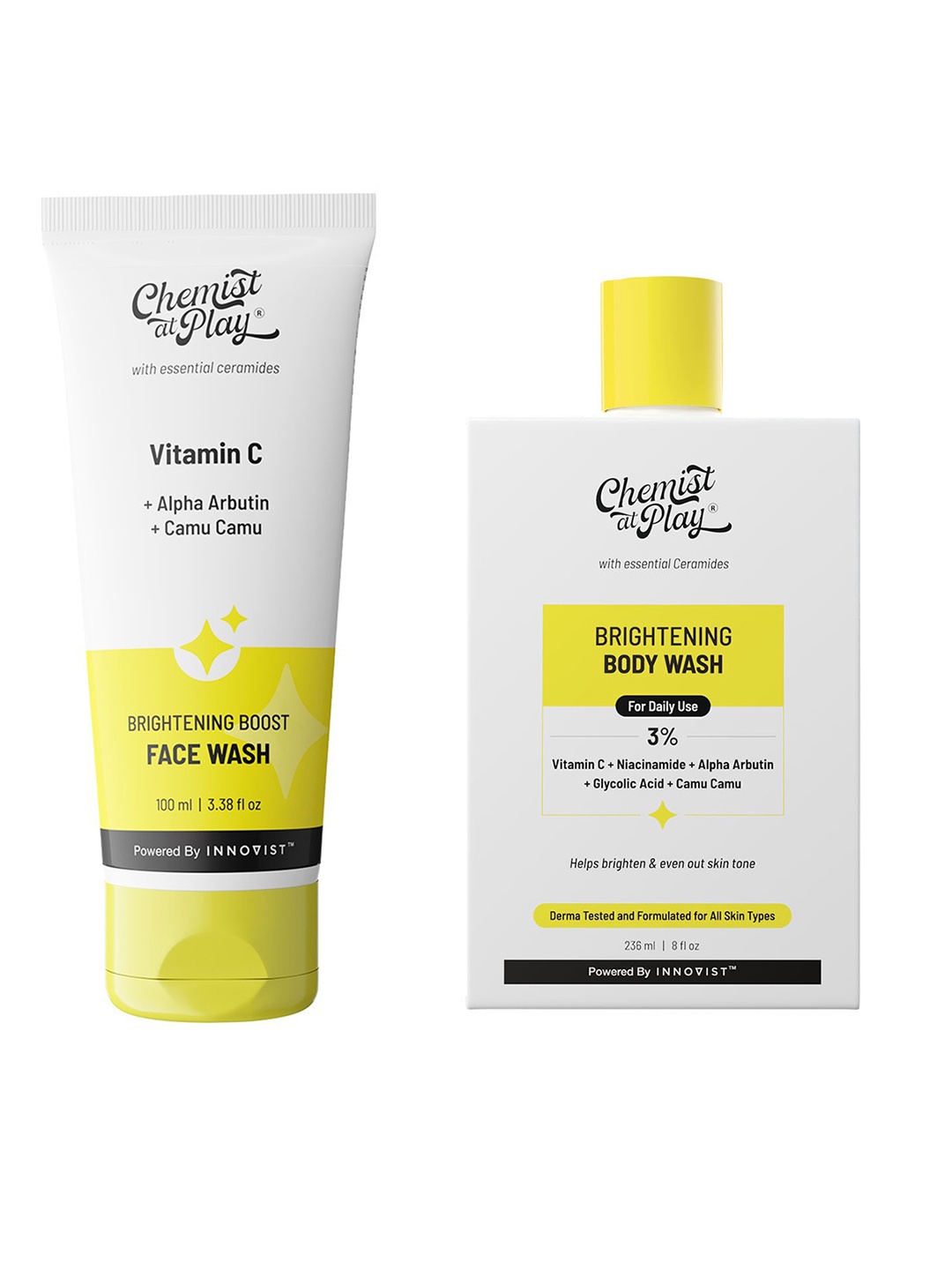 

Chemist at Play Vit C Brightening Boost Face Wash 100 ml & Brightening Body Wash 236 ml, Yellow