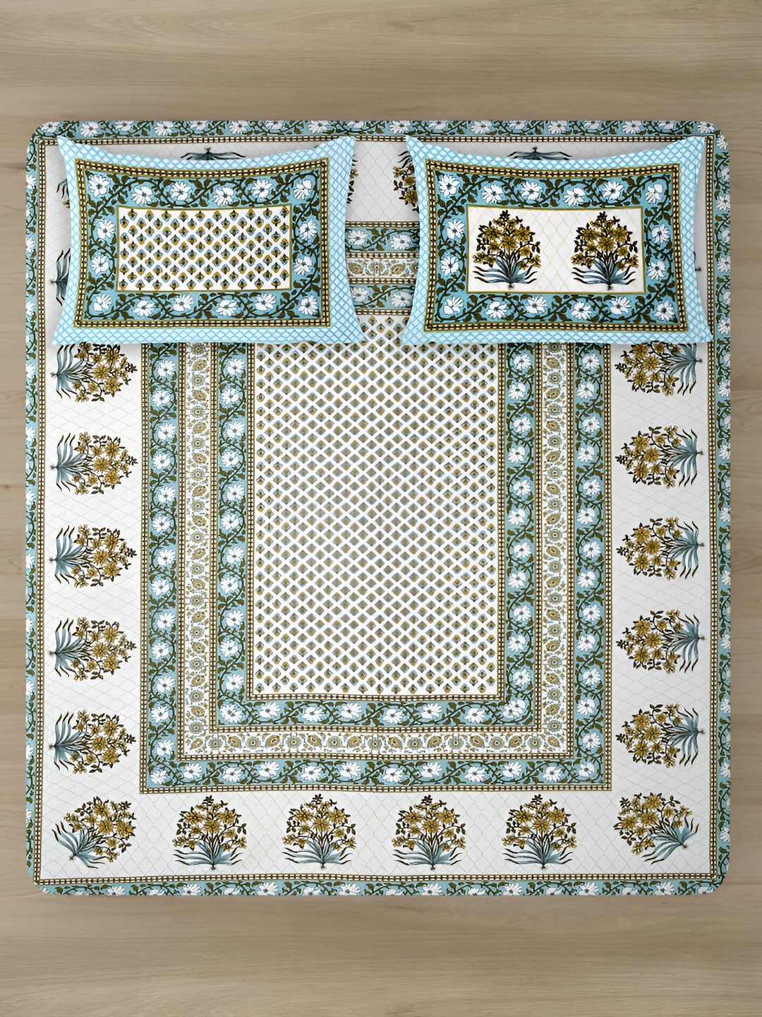 

Rajasthan Decor White & Green Ethnic Motifs Cotton 180 TC Bedsheet with 2 Pillow Covers