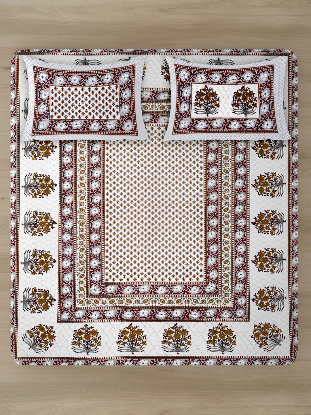

Rajasthan Decor White & Brown Ethnic Motifs 180 TC Cotton Bedsheet with 2 Pillow Covers