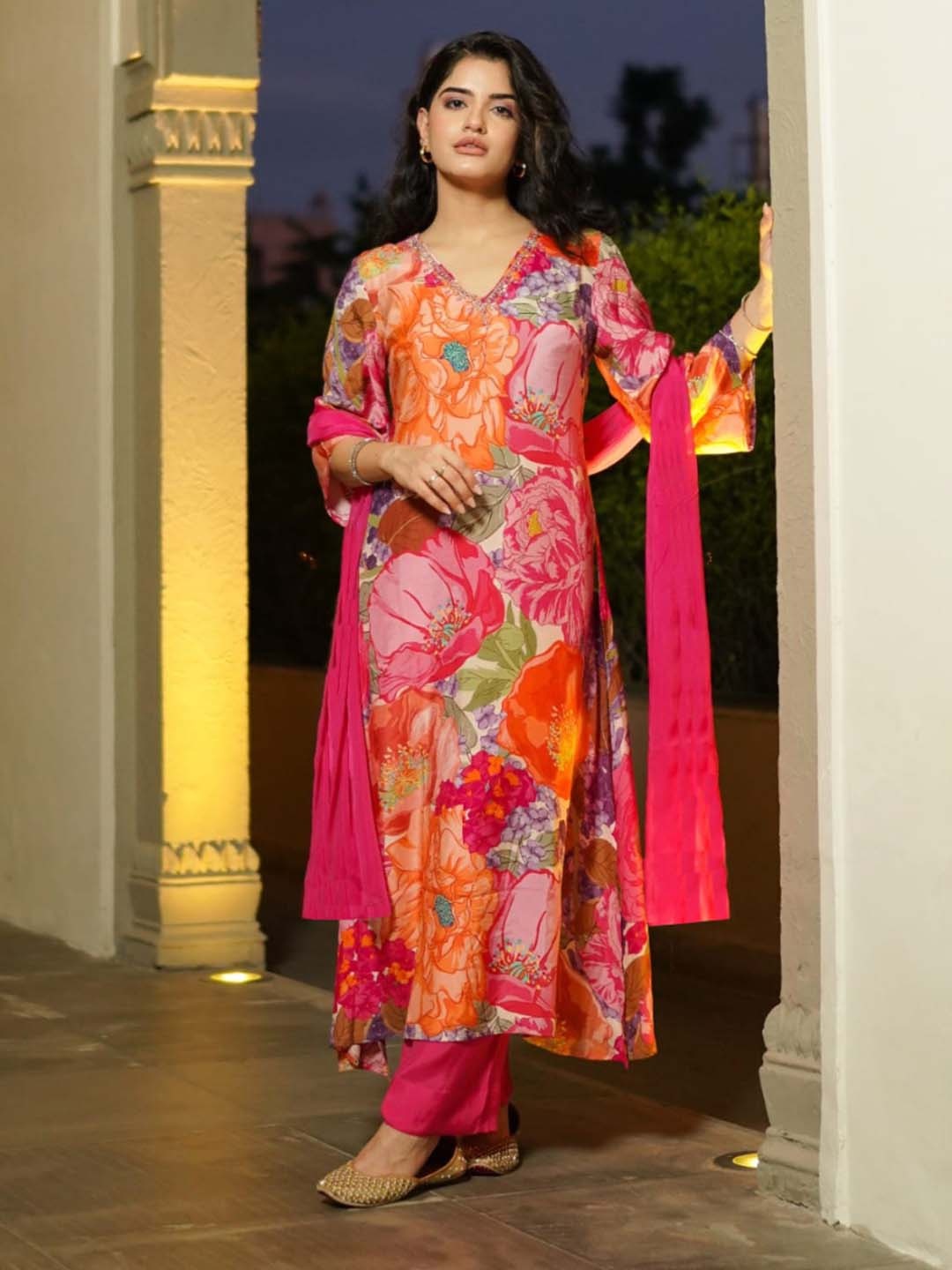 

KALINI Women Floral Printed Regular Kurta with Trousers & With Dupatta, Pink