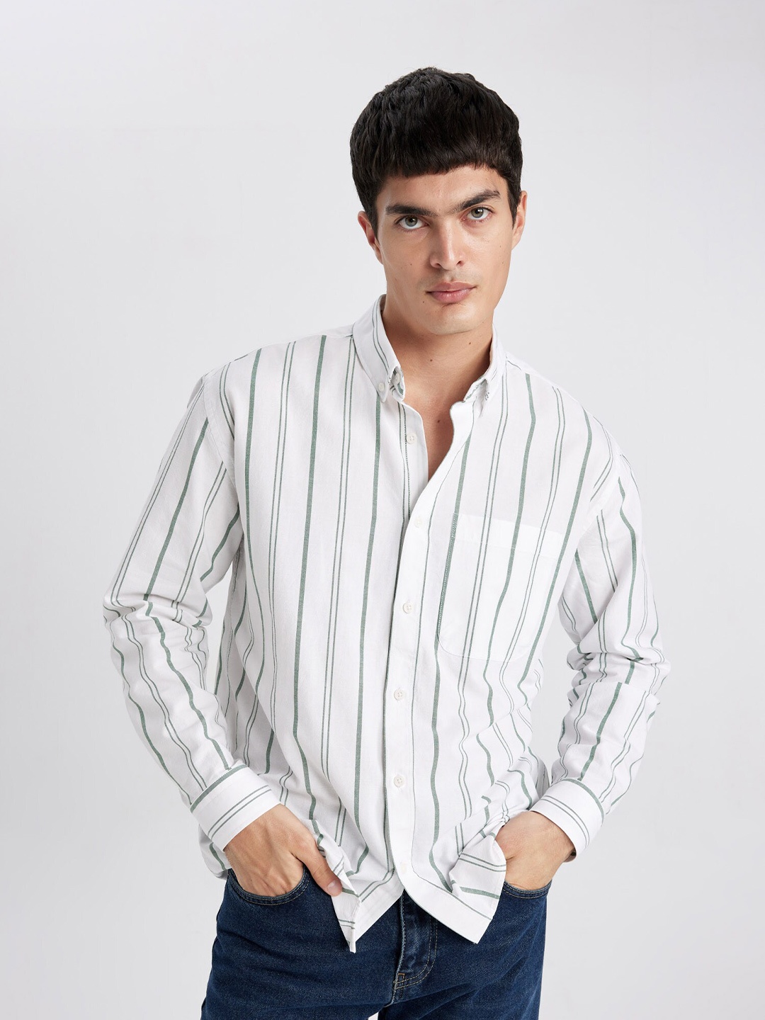 

DeFacto Striped Pure Cotton Casual Shirt, White