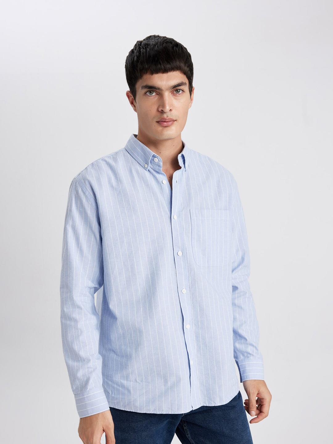

DeFacto Vertical Striped Button Down Collar Pure Cotton Casual Shirt, Blue