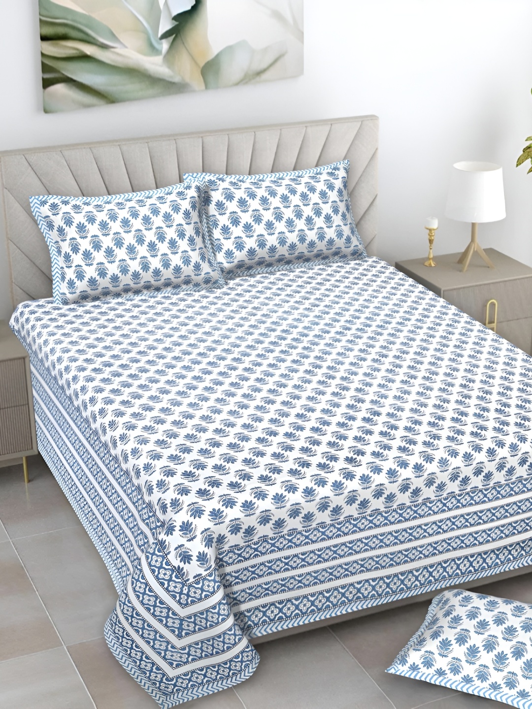 

Serene Decor Blue & White Floral Cotton 160 TC King Bedsheet With 2 Pillow Covers