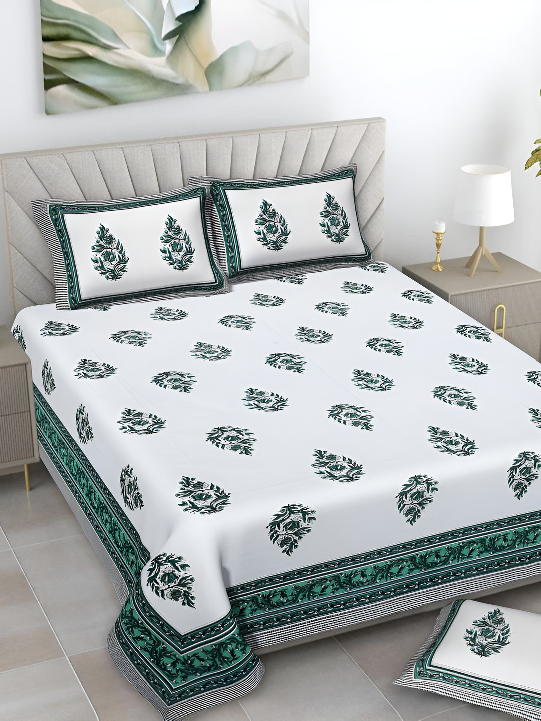 

Serene Decor White & Green Floral Printed 160 TC King Bedsheet Set