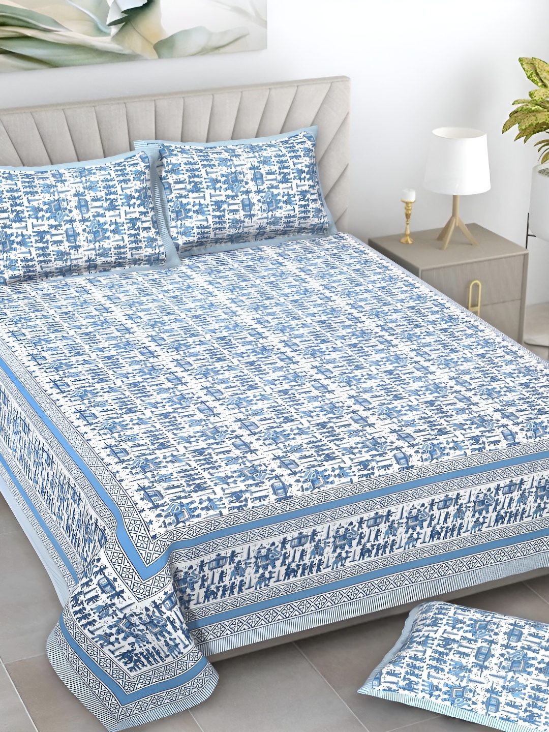 

Serene Decor Blue & White Geometric Printed 160 TC King Bedsheet Set