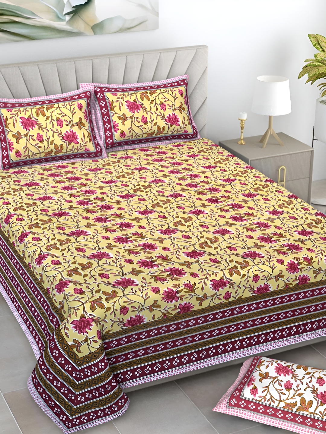 

Serene Decor Yellow & Pink Floral Printed 160 TC King Bedsheet Set