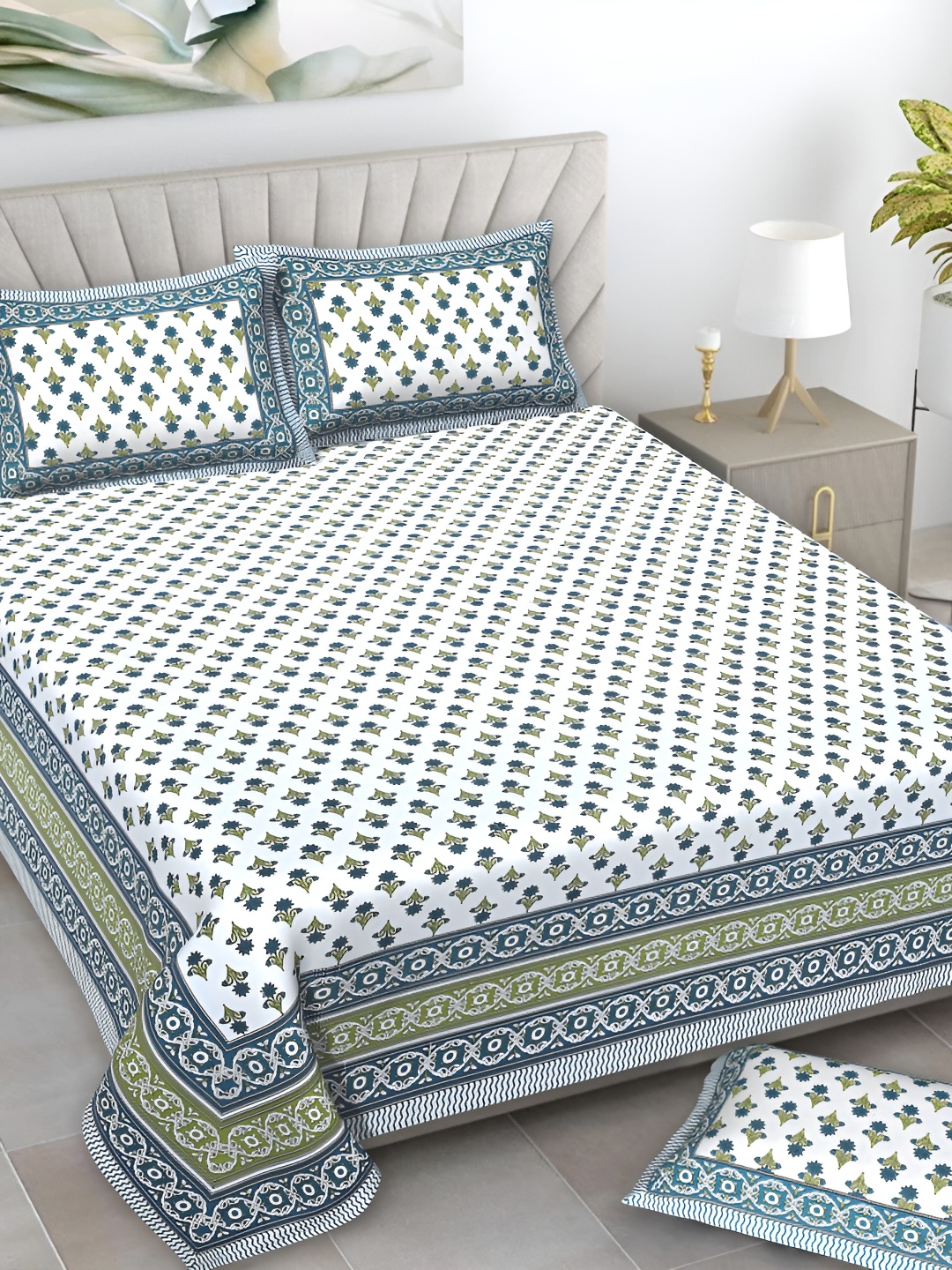 

Serene Decor Green & White Floral Printed 160 TC King Bedsheet Set