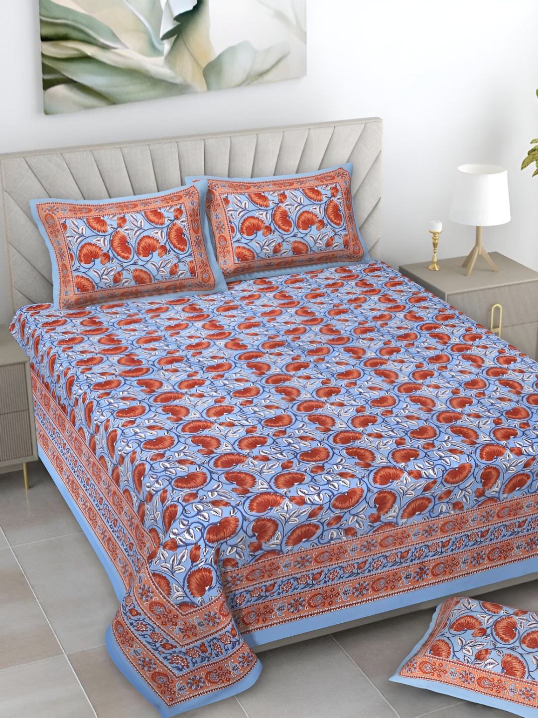 

Serene Decor Blue & Orange Floral Printed 160 TC King Bedsheet Set