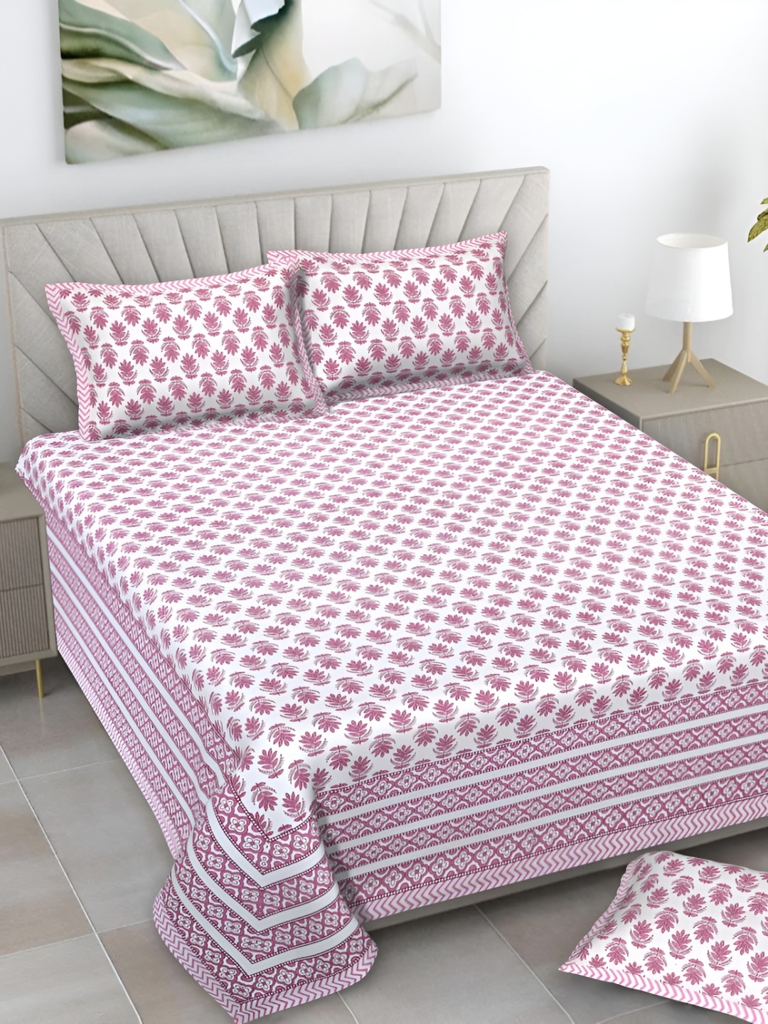 

Serene Decor Pink & White Floral Cotton 160 TC King Bedsheet With 2 Pillow Covers