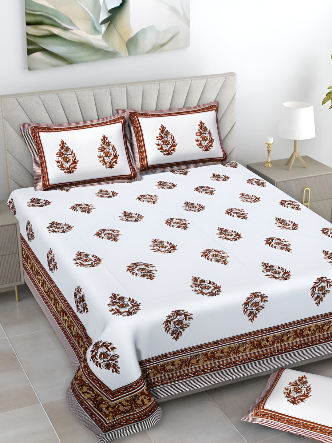 

Serene Decor White & White Brown Floral Printed 160 TC King Bedsheet Set