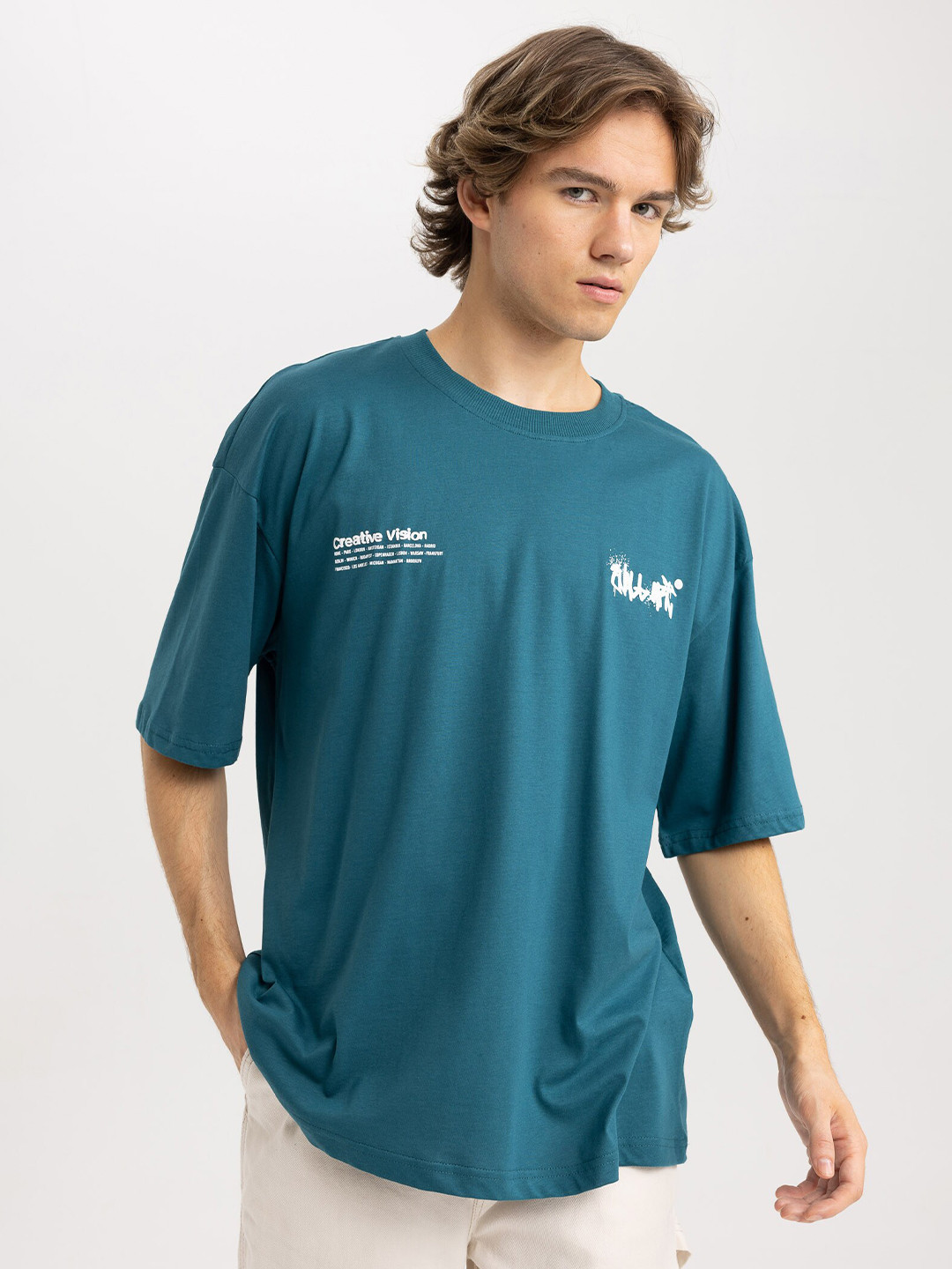 

DeFacto Round Neck Drop Shoulder Sleeves Pure Cotton T-shirt, Blue