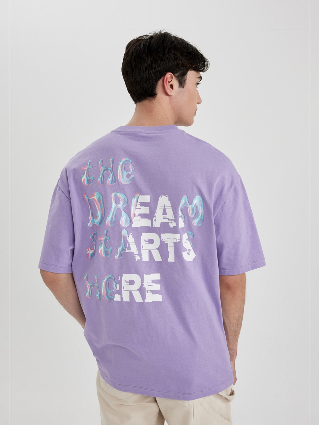DeFacto Typography Printed Pure Cotton T-shirt, Lavender