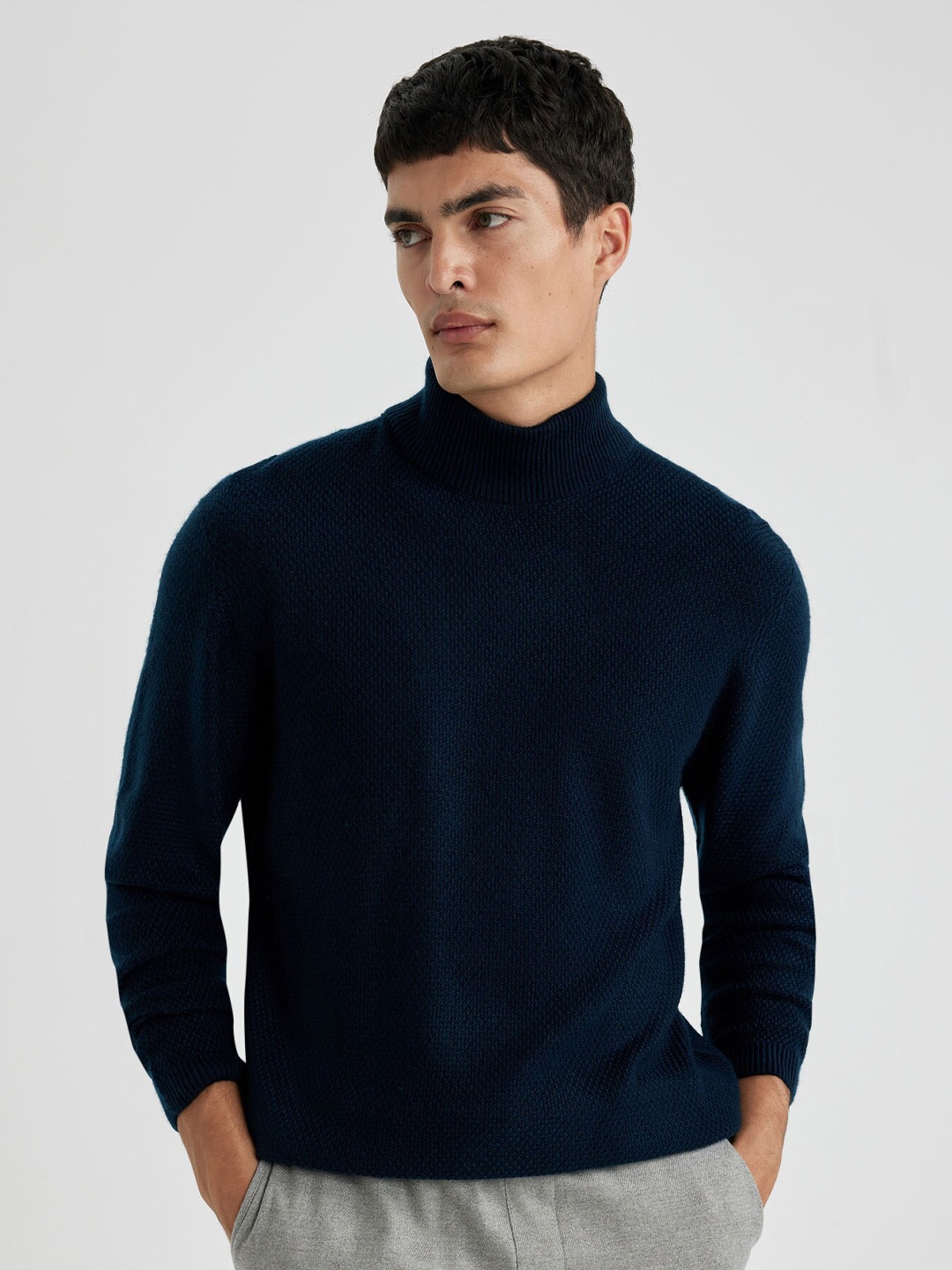

DeFacto Self Design Turtle Neck Pullover Sweater, Blue