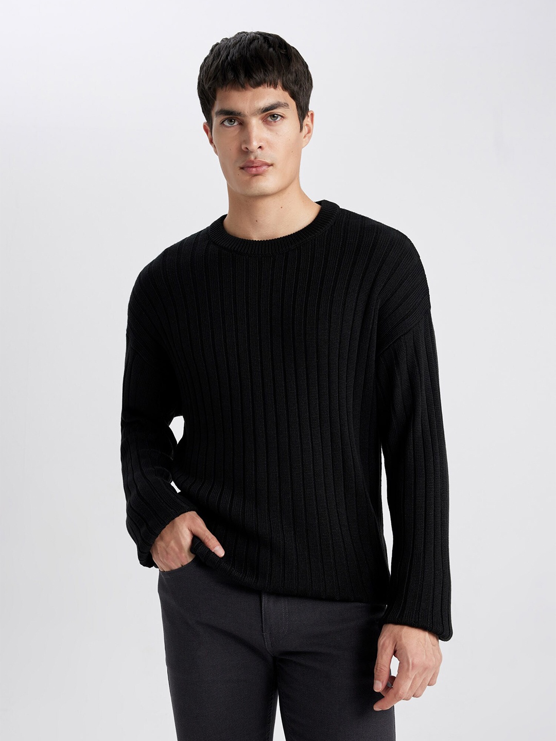 

DeFacto Striped Round Neck Pullover, Black