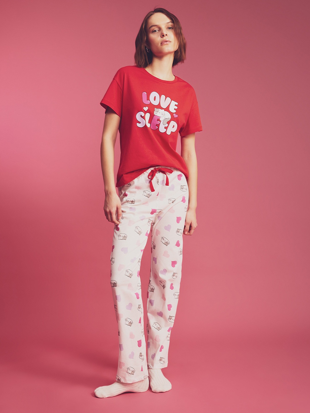 

DeFacto Printed Pure Cotton T-shirt & Pyjamas, Red