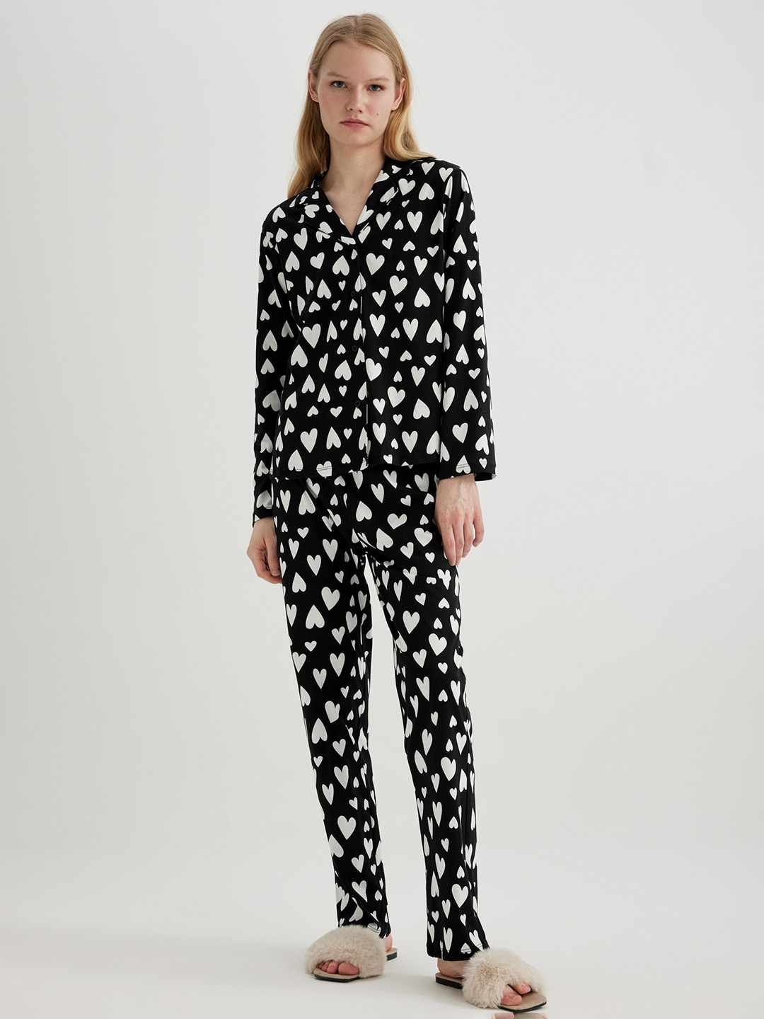 

DeFacto Printed Pure Cotton Shirt & Pyjamas Night suit, Black