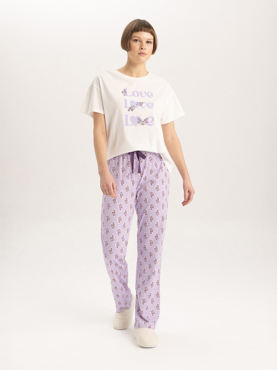 

DeFacto Graphic Printed Pure Cotton T-shirt With Pyjamas, White