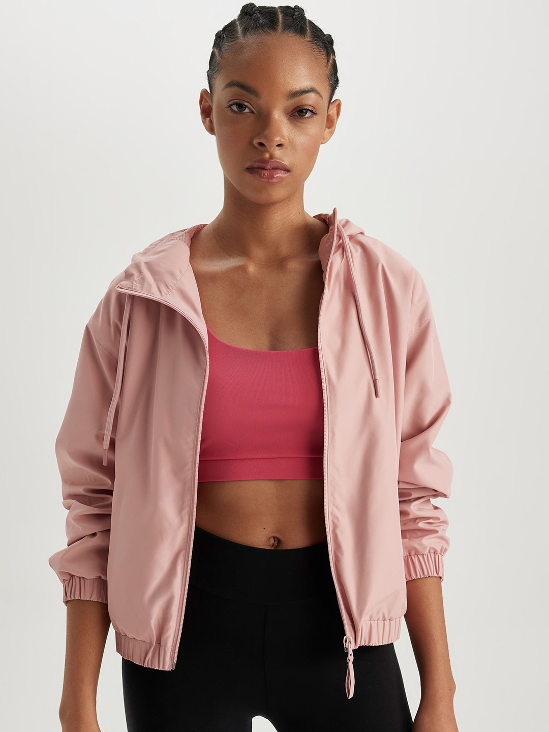 

DeFacto Hooded Crop Bomber Jacket, Pink