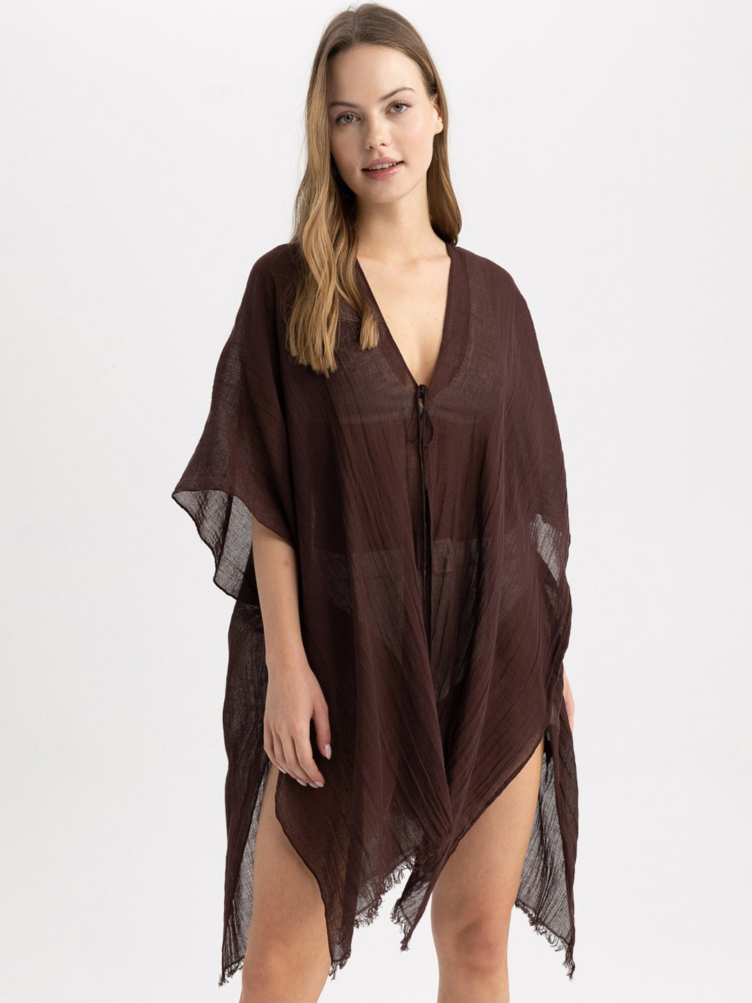 

DeFacto Tie-Up Pure Cotton Swimwear Cover up Top, Brown