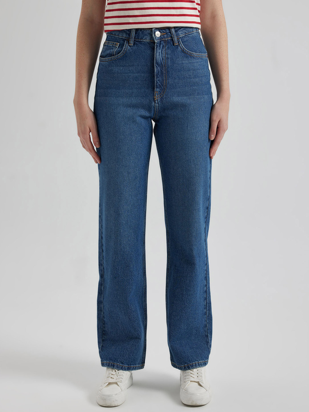 

DeFacto Women Mid Rise Pure Cotton Trousers, Blue
