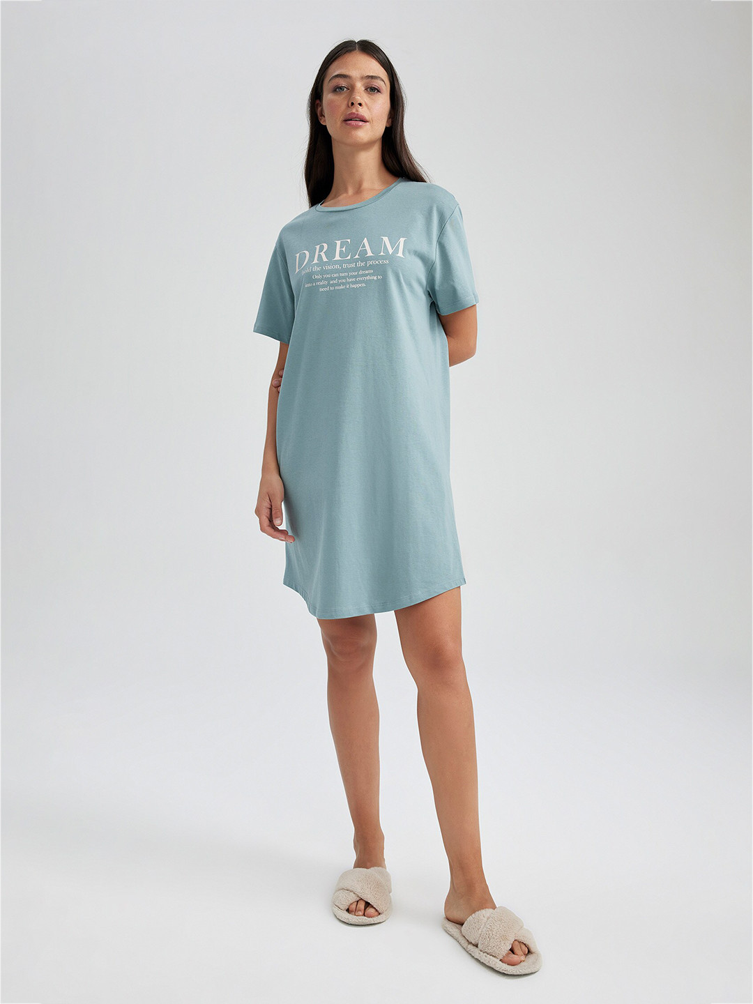 

DeFacto Typography Printed Pure Cotton T-shirt Dress, Blue