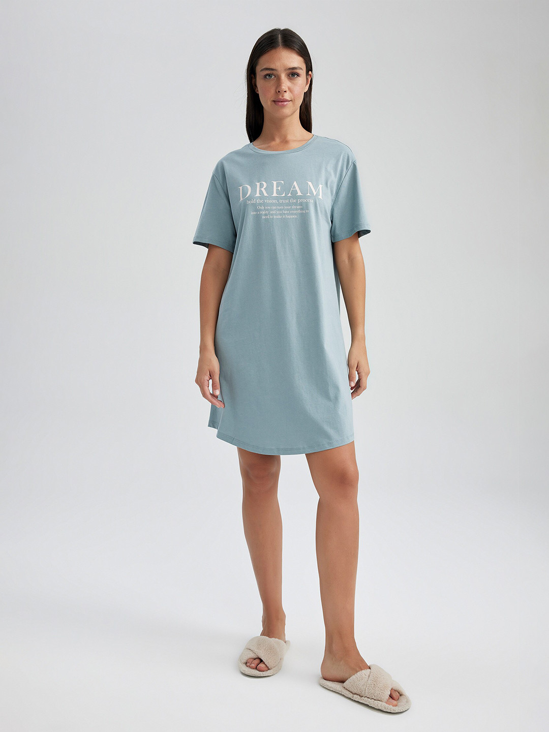 

DeFacto Typography Printed Pure Cotton T-shirt Dress, Blue