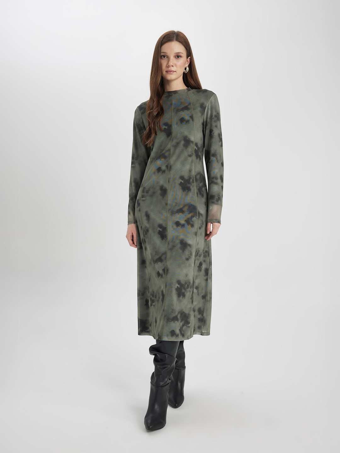 

DeFacto Abstract Printed A-Line Midi Dress, Grey