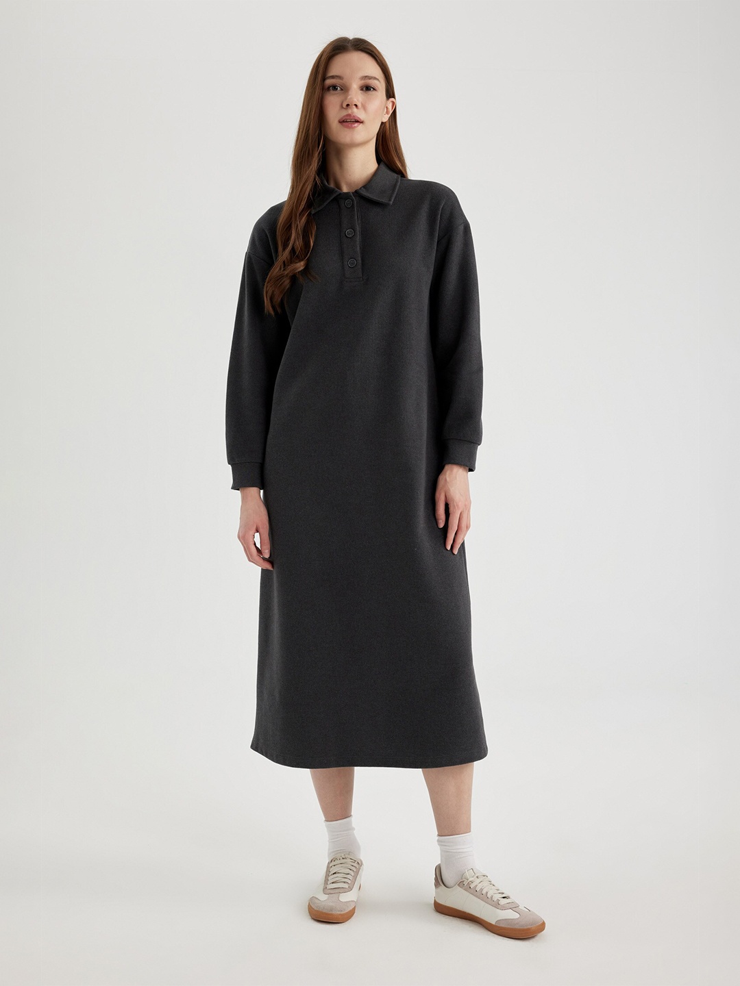 

DeFacto Ribbed Shirt Midi Dress, Black