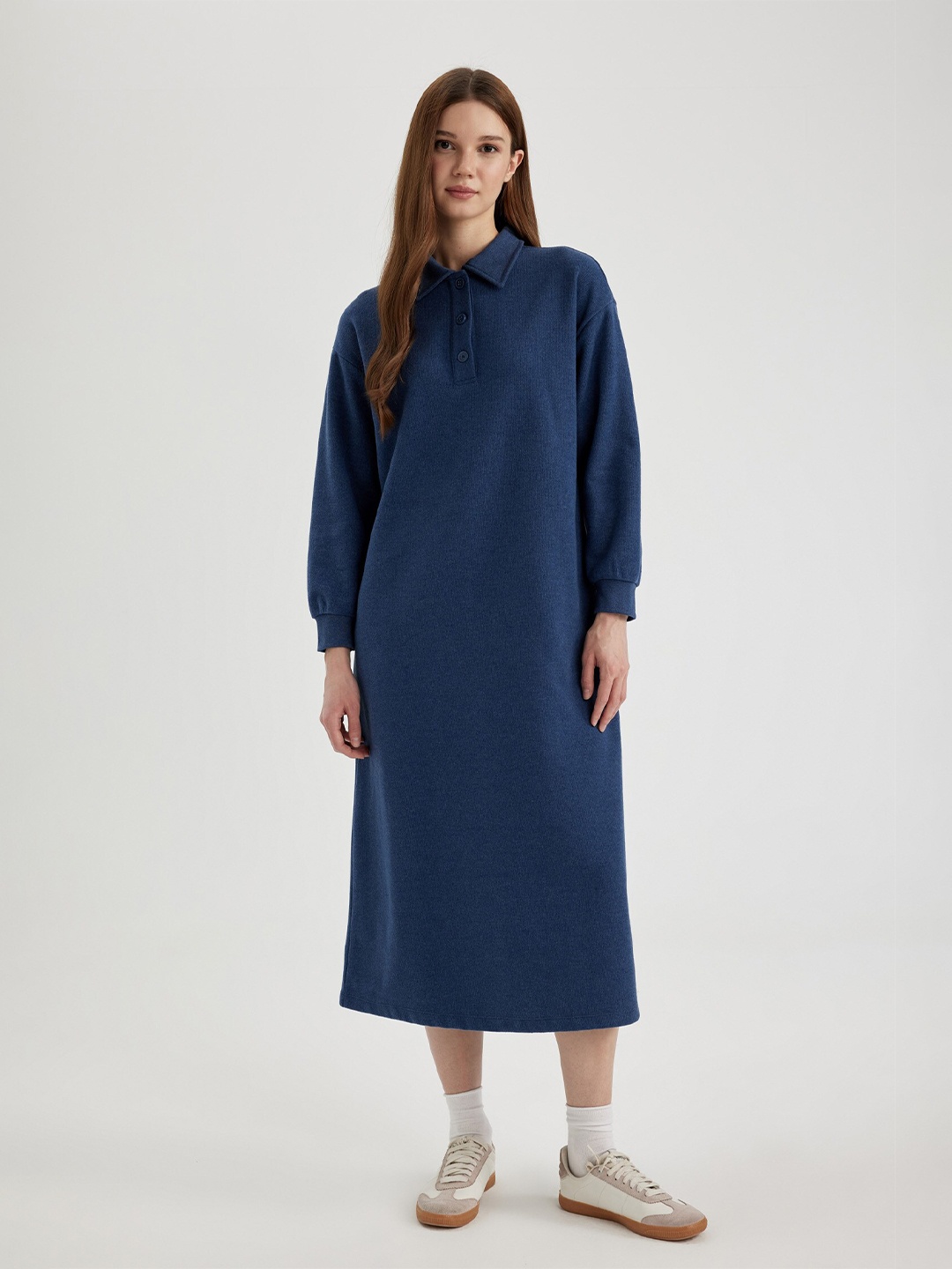 

DeFacto Long Sleeves Shirt Midi Dress, Navy blue