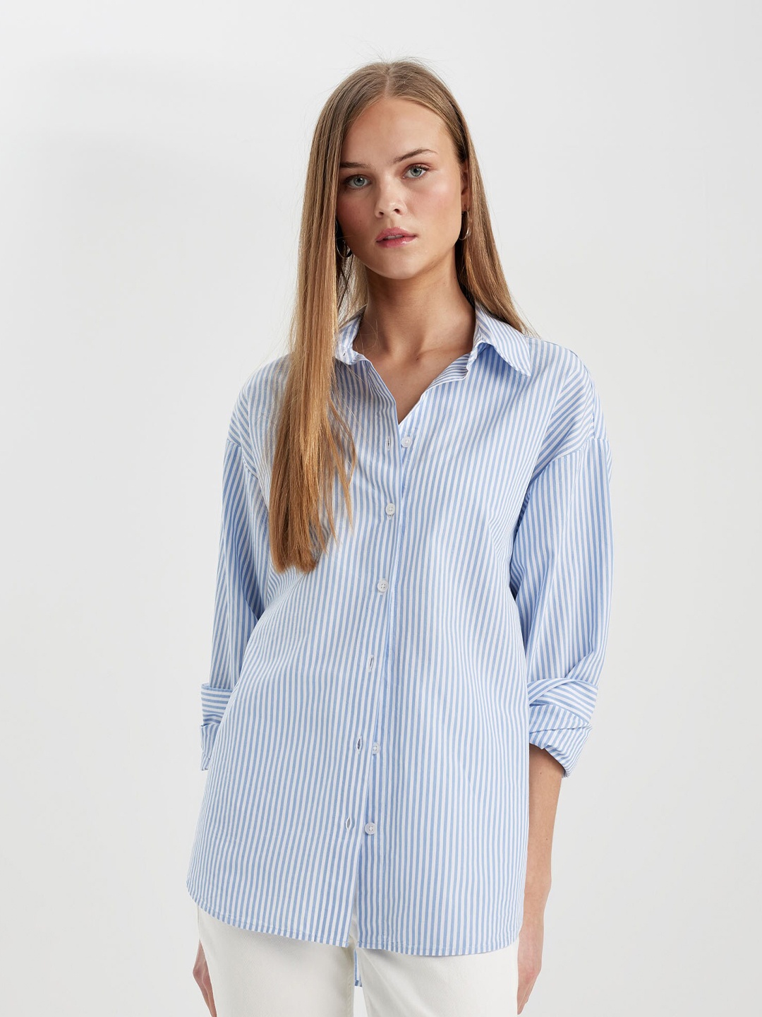 

DeFacto Vertical Striped Drop-Shoulder Pure Cotton Casual Shirt, Blue