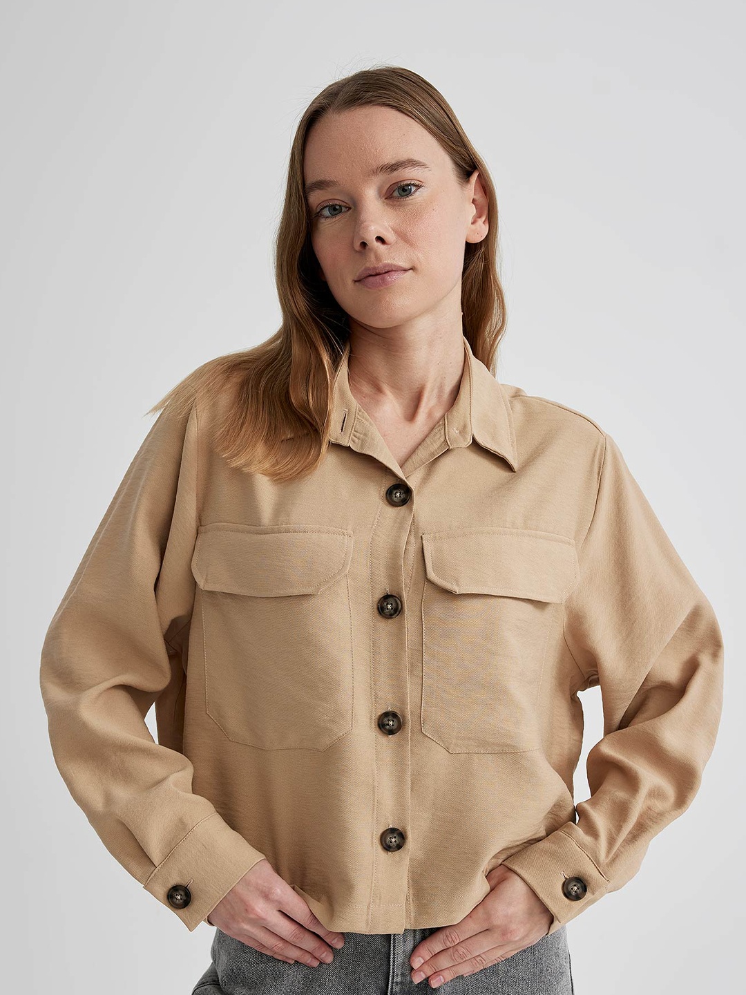 

DeFacto Spread Collar Casual Shirt, Beige