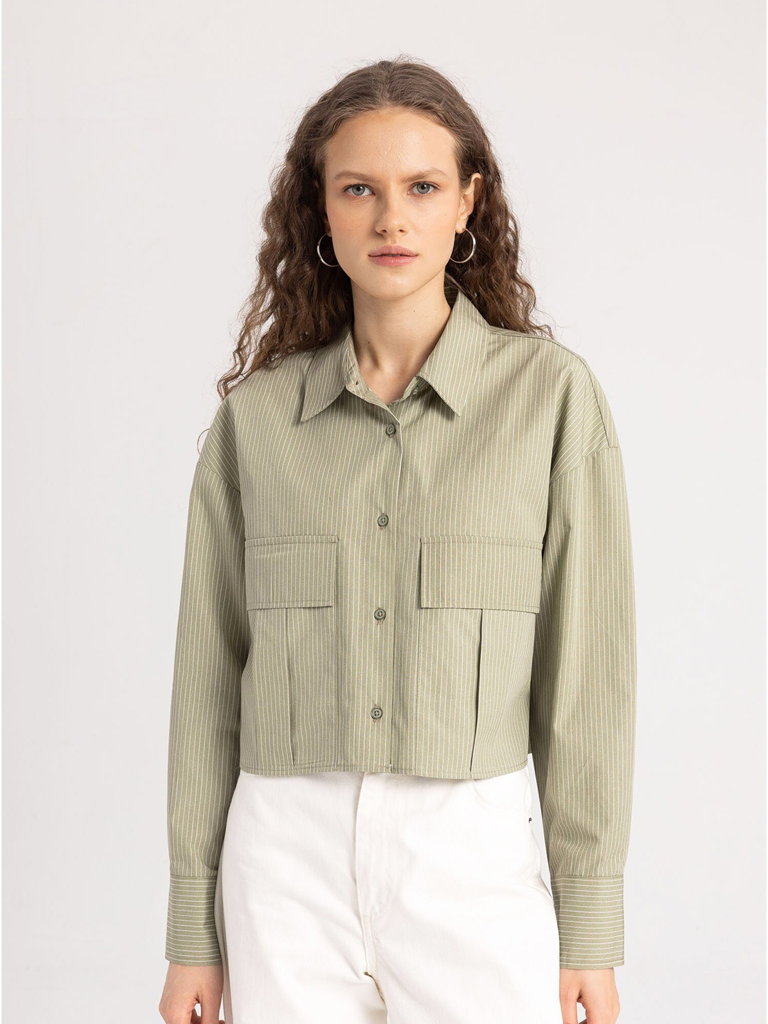

DeFacto Vertical Stripes Pure Cotton Casual Shirt, Green