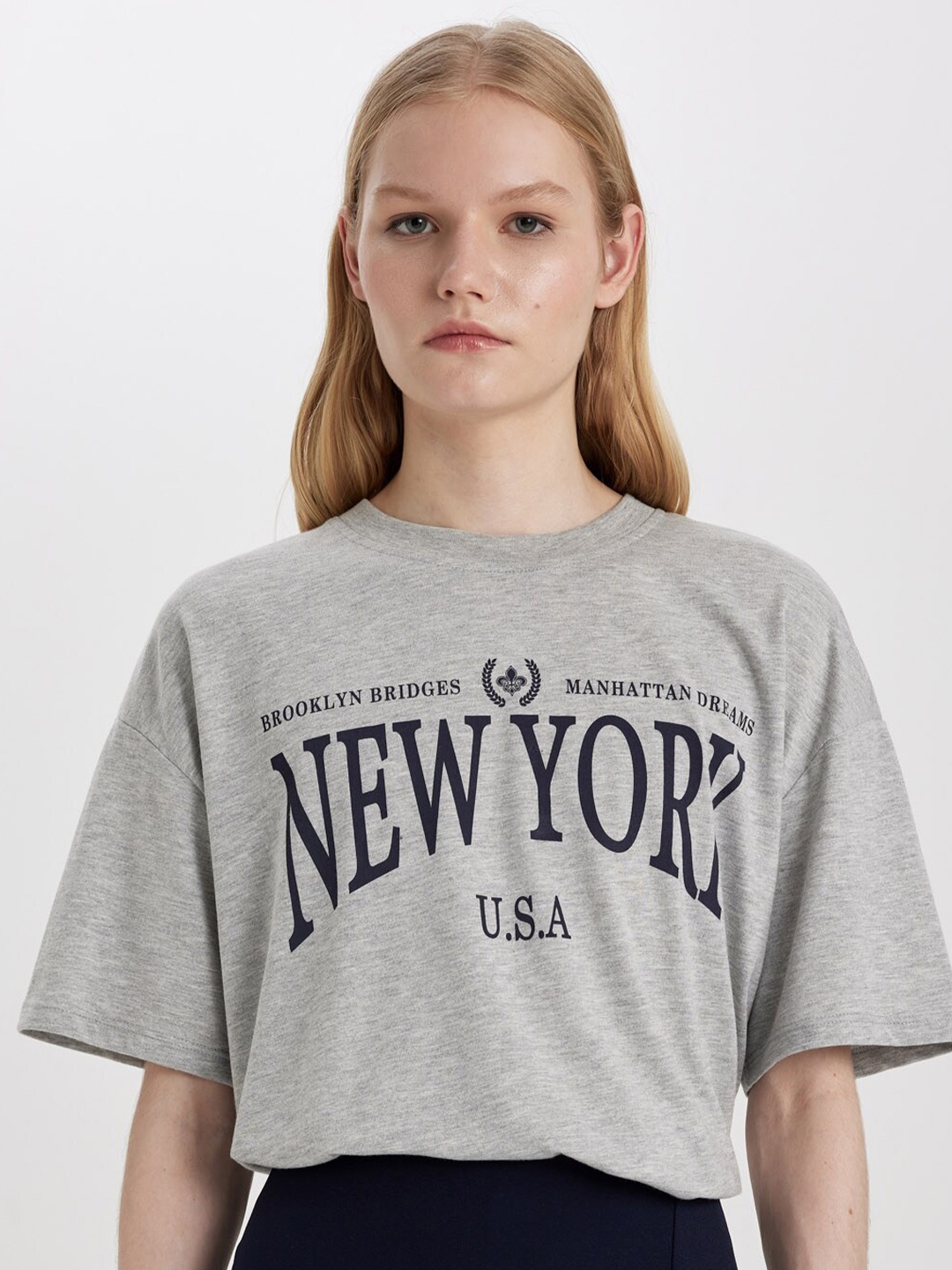 DeFacto Typography Printed Drop Shoulder T-shirt, Grey