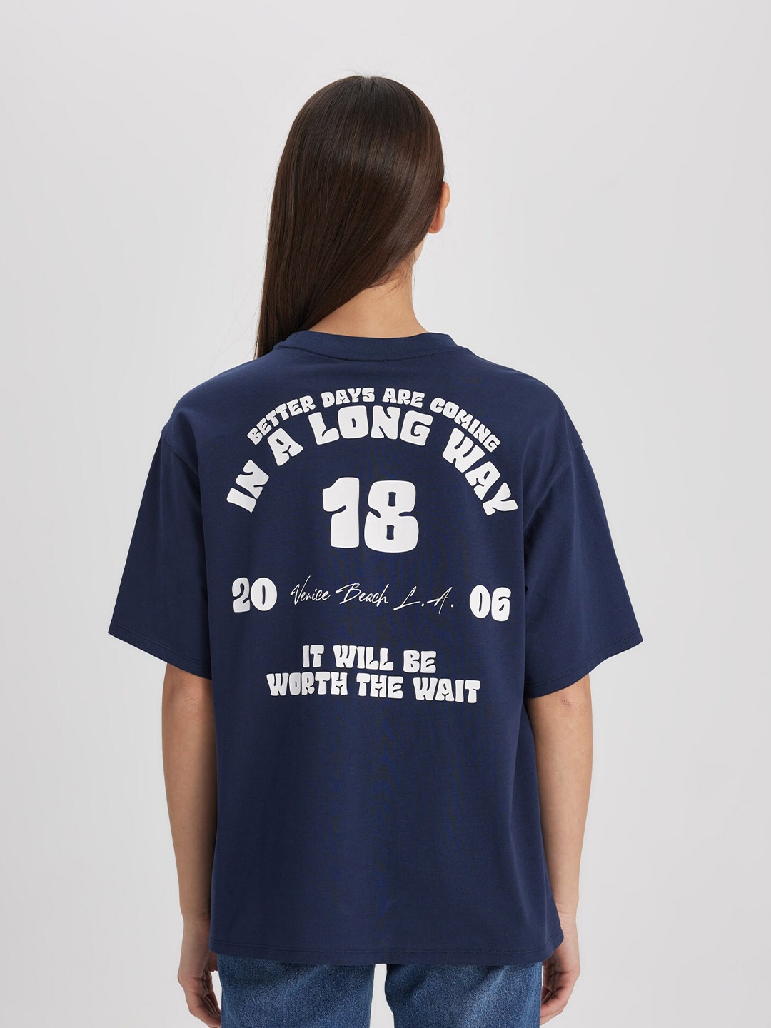 

DeFacto Typography Printed Drop-Shoulder Pure Cotton T-shirt, Navy blue