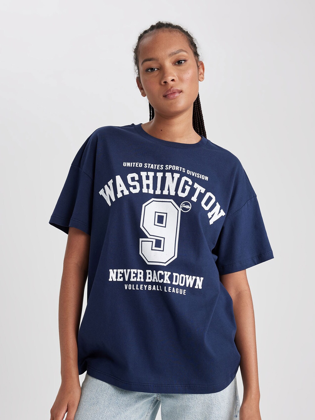 

DeFacto Typography Printed Drop Shoulder Pure Cotton T-shirt, Navy blue